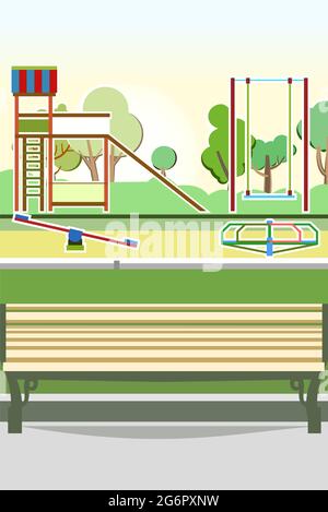 Banc et aire de jeux dans le parc. Balançoires, toboggans et carrousels. Illustration de style dessin animé plat. Un lieu de jeu pour les enfants. Bac à sable pour enfants Banque D'Images