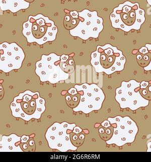 Motif vectoriel sans couture avec de jolis moutons sur fond beige brun. Papier peint animal pour enfants. Illustration de Vecteur