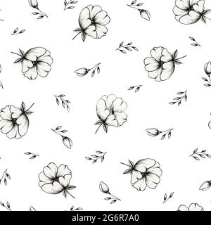 Motif sans couture avec motif de fleur noir et blanc, dessin au trait d'un élégant croquis de fleur, illustration botanique pour la papeterie de mariage, salutations Banque D'Images