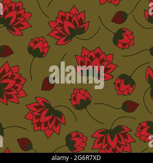 Motif vectoriel sans couture avec fleurs rouges sur fond vert. Papier peint fleuri simple. Textile de mode vintage en fleurs. Illustration de Vecteur