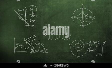Illustration 3d - gros plan Formule mathématique et éléments sur Blackboard, Banque D'Images