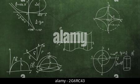 Illustration 3d - gros plan Formule mathématique et éléments sur Blackboard, Banque D'Images