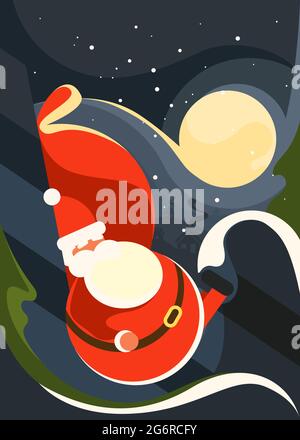Affiche avec le Père Noël sur le fond de la lune. Motif écriteau de Noël de style plat. Illustration de Vecteur