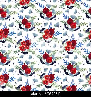 Motif aquarelle sans couture avec fleurs et branches de grenade. Illustration peinte à la main. Banque D'Images