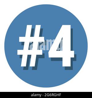 Numéro 4 quatre symbole signe dans le cercle, 4ème quatrième compte icône hashtag. Illustration vectorielle simple et plate. Blanc avec ombre sur fond bleu. Illustration de Vecteur