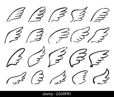 Icône ailes d'ange dessinées à la main. Logo stylisé représentant un contour d'oiseaux ailés, croquis de tatouage de plumes de colombe volantes. Ensemble de motifs vectoriels en forme d'ailes angéliques. Différentes silhouettes de pièces d'animaux volants de fées Illustration de Vecteur