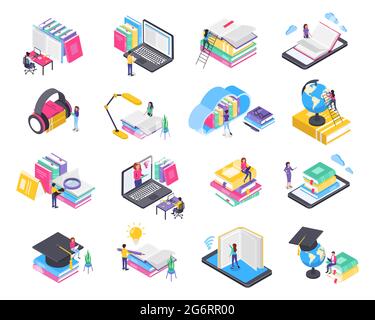Formation isométrique en ligne. Personnes étudiant par ordinateur portable ou téléphone. Formation en ligne, apprentissage numérique, ensemble de vecteurs de concept de bibliothèque virtuelle. Les étudiants lisent des livres, font de la recherche, brainstorming Illustration de Vecteur