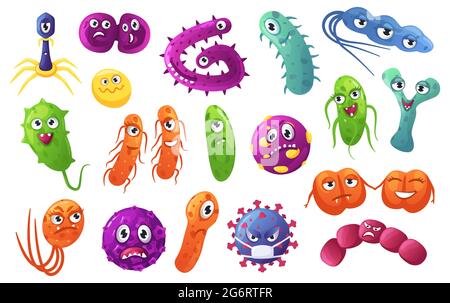 Personnages de bactéries de dessin animé. Mignons bactéries, germes, virus aux visages amusants. Ensemble de vecteurs de microbes amicaux et d'organismes pathogènes dangereux. Maladies infections cellules de différentes formes Illustration de Vecteur