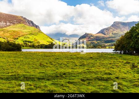 Vue sur le lac Nantlle en direction de Snowdon, Snowdonia, pays de Galles du Nord, Royaume-Uni, Banque D'Images