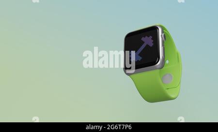 Smart Watch rendu 3d avec symbole de l'haltère de forme physique lourde sur l'écran lcd isolé sur un arrière-plan coloré. Vue latérale vers le bas. Banque D'Images