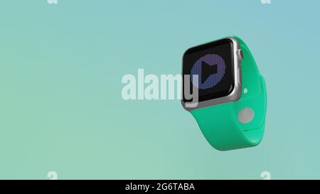 Smart Watch rendu 3d avec symbole de haut-parleur en cercle sur l'écran lcd isolé sur fond coloré. Vue latérale vers le bas. Banque D'Images