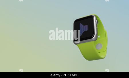 Smart Watch rendu 3d avec symbole de haut-parleur sur écran lcd isolé sur fond coloré. Vue latérale vers le bas. Banque D'Images