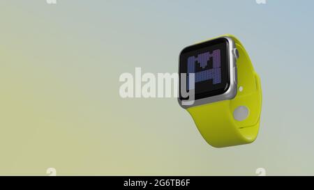 Smart Watch rendu 3d avec symbole de tête d'impression 3d sur écran lcd isolé sur fond coloré. Vue latérale vers le bas. Banque D'Images