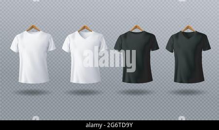 T-shirt maquette noir et blanc t-shirt homme avec manches courtes sur cintres en bois gabarit vue avant. Illustration de Vecteur