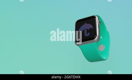 Smart Watch rendu 3d avec symbole de parapluie ouvert sur écran lcd isolé sur fond coloré. Vue latérale vers le bas. Banque D'Images