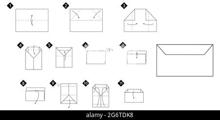 Comment faire une illustration de vecteur d'enveloppe origami. Instructions de bricolage détaillées en noir monochrome. Illustration de Vecteur