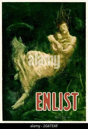 Affiche « ENLIST » 1915 présentant une noyade de mères et d’enfants publiée par le Comité de sécurité publique de Boston et présentant des œuvres de Fred Spear. Cette affiche emblématique a été publiée un mois après le naufrage de la RMS Lusitania le 7 mai 1915 par un U-boat allemand. 1198 passagers et membres d'équipage sont morts, dont 128 citoyens américains qui ont intensifié les tensions entre les États-Unis et l'Allemagne et ont contribué à influencer l'opinion américaine pour entrer dans la première Guerre mondiale. Banque D'Images