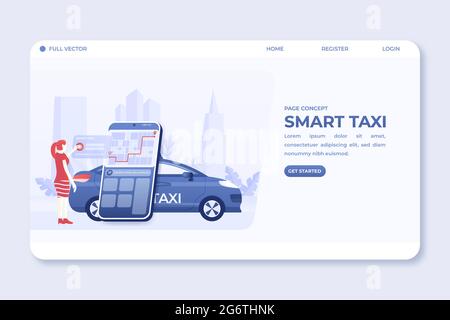 Page d'accueil de la femme commande le service de taxi via l'application mobile en ligne sur smartphone avec la carte de la ville de navigation et l'emplacement du point d'épingle. Image vectorielle Illustration de Vecteur