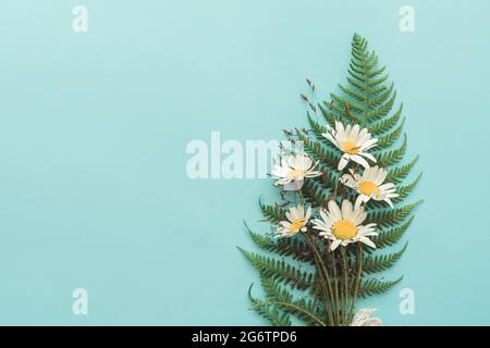 Bouquet confortable de fleurs de camomille rurale avec fougères sur fond turquoise avec espace copie. Concept minimaliste. Banque D'Images