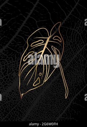 Illustration botanique minimaliste. Contour doré d'une plante sur fond noir. Convient aux affiches, cartes de vœux, cartes d'entreprise et invités Illustration de Vecteur