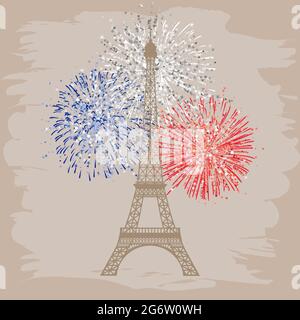 Concept de congruts des fêtes de France. La tour Eiffel est une image romantique décorative. Silhouette monochrome et feux d'artifice colorés. Symbole de pari Illustration de Vecteur