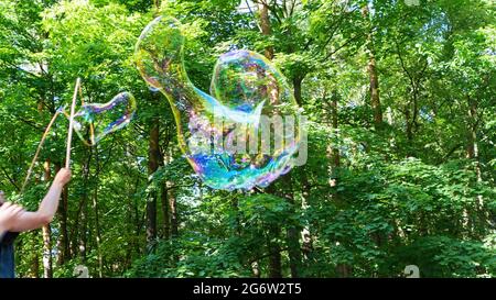 Une énorme bulle de savon sous la forme d'un dauphin sur le fond des arbres dans le parc. L'homme fait de grosses bulles de savon arc-en-ciel avec des bâtons et de la corde sur un soleil Banque D'Images
