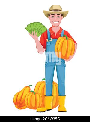 Un bel homme fermier. Joyeux personnage de dessin animé de fermier avec des citrouilles et de l'argent. Illustration vectorielle sur fond blanc Illustration de Vecteur