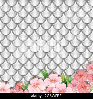 Motif écailles de poissons argentées avec illustration de nombreuses fleurs Illustration de Vecteur