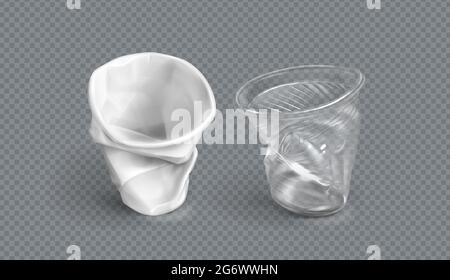Tasses en plastique utilisées, verres jetables blancs et transparents. Ensemble vectoriel réaliste de tasses vides froissés pour l'eau et les boissons isolées sur fond transparent. Concept de recyclage des déchets, déchets jetés Illustration de Vecteur