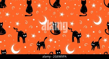 Chats amusants dessinés à la main, mignon halloween sans couture motif, super comme arrière-plan, textiles, bannières, fonds d'écran, enveloppe - conception vectorielle Illustration de Vecteur