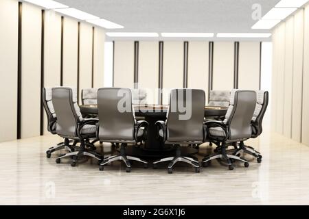 Table ronde et chaises à l'intérieur de la salle de réunion. Illustration 3D. Banque D'Images