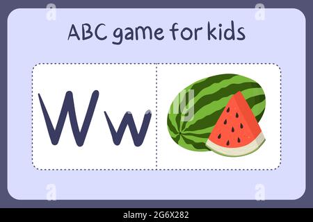 Mini-jeux d'alphabet pour enfants en style dessin animé avec lettre W - pastèque . Illustration vectorielle pour la conception de jeux - couper et jouer. Apprenez l'abc avec des cartes flash de fruits et légumes. Illustration de Vecteur