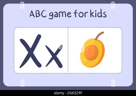 Mini jeux d'alphabet d'enfant en style de dessin animé avec la lettre X - ximenia . Illustration vectorielle pour la conception de jeux - couper et jouer. Apprenez l'abc avec des cartes flash de fruits et légumes. Illustration de Vecteur