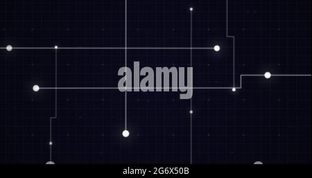 Image de points blancs lumineux avec des traînées de lumière formant une grille sur fond noir Banque D'Images