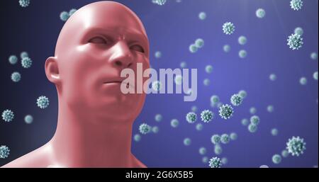 Image de cellules de macro Covid-19 flottant autour d'un visage humain 3D sur fond bleu Banque D'Images