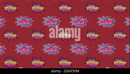 Image de plusieurs bulles de dessin animé avec WOW et POW écrit en jaune et rouge sur fond rouge Banque D'Images