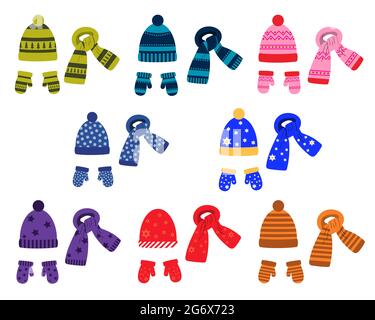un ensemble de chapeaux, foulards et moufles de couleur hivernale avec un motif. vecteur isolé sur un fond blanc Illustration de Vecteur