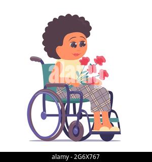 Femme âgée en fauteuil roulant avec un bouquet de fleurs. Prendre soin des personnes handicapées. Illustration vectorielle isolée Illustration de Vecteur