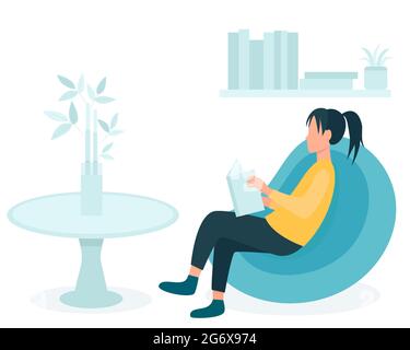 Fille avec un livre est assis sur un fauteuil de sac de beanbag, illustration vectorielle. Concept, une femme lit dans un appartement. Loisirs et calme passe-temps, auto-éducation. Repos Illustration de Vecteur