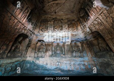 Grottes bouddhistes et sculptures dans les grottes de Yungang, Shanxi, Chine Banque D'Images