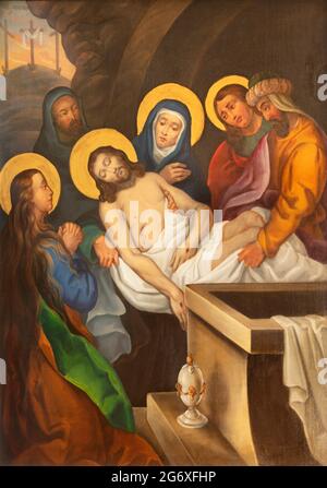 VIENNE, AUSTIRA - JUNI 17, 2021: La peinture Veronica essuie le visage de Jésus comme faisant partie des stations de Cross Way dans l'église Rochuskirche par un artiste inconnu Banque D'Images