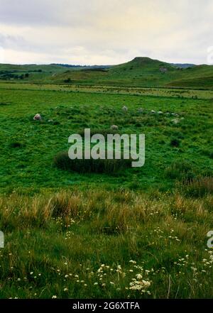 Vue W du cercle de pierres de Strontoiller situé dans les terres agricoles de Glen Lonan, au nord-est du Loch Nell, à l'ouest d'Oban, Argyll et Bute, Écosse, Royaume-Uni : 31 blocs de granit. Banque D'Images