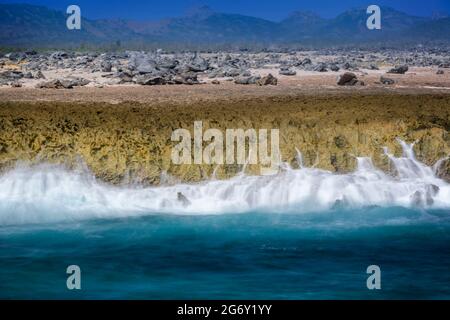 Partie sauvage de la côte avec le flou de mouvement, sur le côté nord-est de Bonaire, Antilles néerlandaises. Banque D'Images