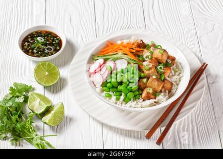 bol à poke de tofu avec riz basmati, haricots édamames, radis, concombre finement coupé et carottes dans un bol blanc avec baguettes, sauce soja et quartiers de lime Banque D'Images