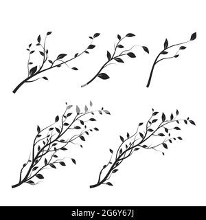 Ensemble de branches d'arbre. Silhouette de branche isolée sur fond blanc avec beaucoup de feuilles. Illustration vectorielle Illustration de Vecteur