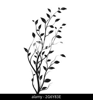 Branche d'arbre silhouette. Silhouette de Bush isolée sur fond blanc avec beaucoup de feuilles. Illustration vectorielle Illustration de Vecteur