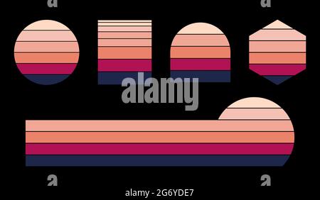 Coucher de soleil rétro avec différentes formes. Collection vintage Sunset années 70 style années 80. Cinq options avec cercle, rectangle, hexagone, demi-cercle. Vecteur Illustration de Vecteur