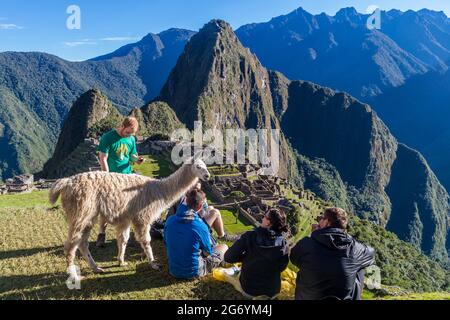 MACHU PICCHU, PÉROU - 18 MAI 2015: Touristes avec un lama aux ruines de Machu Picchu, Pérou. Banque D'Images