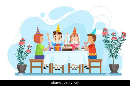 Illustration vectorielle de fête d'anniversaire pour les enfants heureux. Personnages de dessin animé de fille de garçon assis à table de fête avec gâteau de chocolat, enfants amis sur la fête de vacances à la maison isolé sur blanc Illustration de Vecteur