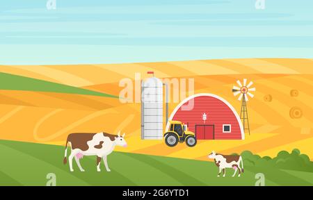 Illustration vectorielle de paysage rural de village écologique. Animaux de vache de dessin animé paître sur un pré vert, une grange de maison, un tracteur agricole et une tour de stockage de silo à grain sur fond de champs agricoles Illustration de Vecteur